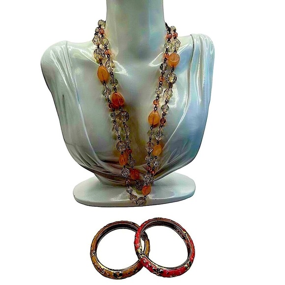 Vintage Beaded Necklace & Floral Enamel Bangle Set Crystal Pink Peach Cream N60 - Picture 3 of 7